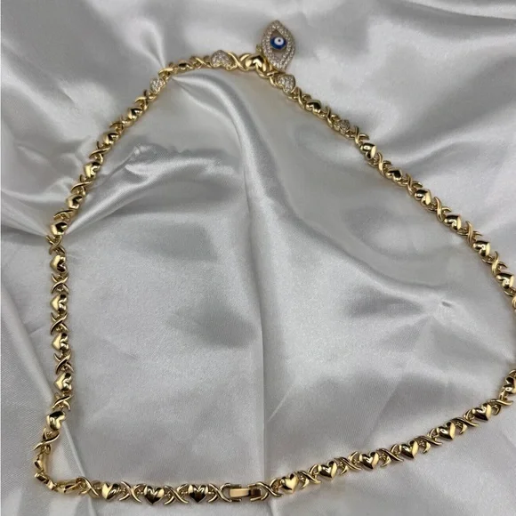 Gold Yellow Gold Plated Heart Link Chain Necklace with Evil Eye Charm Pendant - Picture 3 of 4